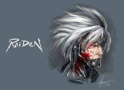 Rule 34 | 1boy, blood, blood on face, character name, cyborg, dated, eyepatch, kumsmkii, looking at viewer, male focus, metal gear (series), metal gear rising: revengeance, portrait, raiden (metal gear), realistic, red eyes, science fiction, short hair, signature, silver hair, solo, spiked hair