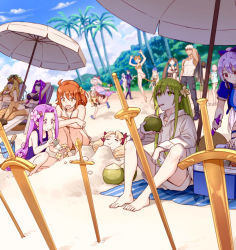 Rule 34 | 3boys, 6+girls, abigail williams (fate), abigail williams (swimsuit foreigner) (fate), abigail williams (swimsuit foreigner) (third ascension) (fate), archer (fate), archer (summer casual) (fate), barefoot, beach, beach towel, beach umbrella, bikini, black pants, blonde hair, blush, breasts, brynhildr (fate), brynhildr (swimsuit berserker) (fate), brynhildr (swimsuit berserker) (first ascension) (fate), bucket, chair, character request, cleavage, closed mouth, cloud, commentary request, cooler, day, drinking, drinking straw, drinking straw in mouth, enkidu (fate), eyelashes, fate/grand order, fate (series), flower, fujimaru ritsuka (female), fujimaru ritsuka (female) (brilliant summer), fujimaru ritsuka (male), fujimaru ritsuka (male) (brilliant summer), gorgon (fate), green eyes, green hair, hair flower, hair ornament, holding, hood, hoodie, illyasviel von einzbern, illyasviel von einzbern (swimsuit archer), illyasviel von einzbern (swimsuit archer) (second ascension), jumping, long hair, long sleeves, lounge chair, mash kyrielight, medusa (fate), medusa (lancer) (fate), medusa (rider) (fate), multiple boys, multiple girls, official alternate costume, outdoors, palm tree, pants, purple hair, rider, running, sand, sandals, shorts, sigurd (fate), sigurd (memories with my lover) (fate), sitting, siya ho, sky, smile, sunglasses, swimsuit, sword, tail, tank top, toes, tomoe gozen (fate), tomoe gozen (swimsuit saber) (fate), tomoe gozen (swimsuit saber) (first ascension) (fate), towel, tree, umbrella, weapon, yu mei-ren (fate), yu mei-ren (swimsuit lancer) (fate)