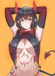 Rule 34 | 1girl, armpits, black hair, bow (bhp), breasts, demon horns, demon tail, elbow gloves, gloves, hands up, horns, large breasts, looking at viewer, medium hair, navel, original, parted lips, pointy ears, simple background, slit pupils, solo, tail, underboob, yellow background, yellow eyes