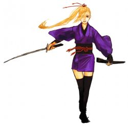 Rule 34 | 1girl, black thighhighs, blonde hair, female focus, full body, hair over one eye, japanese clothes, long hair, lowres, naruto, naruto (series), noa nishihara, ponytail, solo, sword, thighhighs, weapon, white background, yamanaka ino