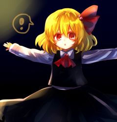 Rule 34 | !, 1girl, blonde hair, blush, dark, hair ribbon, mayo (mayomr29), moonlight, open mouth, outstretched arms, red eyes, ribbon, rumia, solo, spoken exclamation mark, touhou