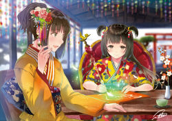 Rule 34 | 2girls, artist name, blurry, blurry background, blush, breasts, brown eyes, brown hair, chair, chinese zodiac, commentary, cup, depth of field, drawing, floating hair, floral print, flower, hair ornament, half-closed eyes, hanekoto, holding, holding brush, indoors, japanese clothes, kanzashi, kimono, light smile, long hair, looking at another, looking down, medium breasts, multiple girls, open mouth, original, ponytail, red flower, short hair with long locks, shrine, signature, sitting, smile, sparkle, steam, table, torii, two side up, vase, white flower, year of the rooster, yellow kimono