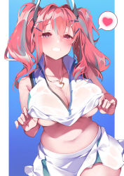 Rule 34 | 1girl, azur lane, bare shoulders, belly, blouse, blush, breasts, bremerton (azur lane), bremerton (scorching-hot training) (azur lane), cleavage, clothes lift, collarbone, commentary request, crop top, hair between eyes, hair ornament, hairclip, half-closed eyes, head tilt, heart, heart-shaped pupils, heart necklace, highres, jewelry, kanola u, large breasts, lifted by self, long hair, looking at viewer, mole, mole on breast, multicolored hair, navel, necklace, parted lips, pink eyes, pink hair, see-through, shirt, shirt lift, sleeveless, sleeveless shirt, smile, solo, spoken heart, sportswear, streaked hair, sweat, symbol-shaped pupils, tennis uniform, twintails, two-tone shirt, two-tone skirt, wet, wet clothes, wet shirt, x hair ornament