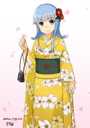 Rule 34 | 1girl, absurdres, bag, blue eyes, blue hair, character name, commentary request, dated, feet out of frame, floral print, flower, full body, furisode, hair flower, hair ornament, hatsukaze (kancolle), highres, hime cut, japanese clothes, kantai collection, kimono, long hair, looking at viewer, multiple views, sandals, simple background, smile, solo, white background, yellow kimono, yuushou