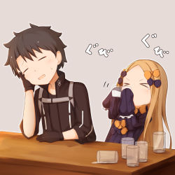 Rule 34 | &gt; &lt;, 1boy, 1girl, abigail williams (fate), black bow, black dress, black gloves, black hair, black jacket, black shirt, blonde hair, bow, closed eyes, commentary request, cup, dress, drinking, drinking glass, fate/grand order, fate (series), forehead, fujimaru ritsuka (male), fujimaru ritsuka (male) (polar chaldea uniform), gloves, hair bow, highres, holding, holding cup, jacket, long hair, long sleeves, milk, multiple hair bows, open clothes, open jacket, orange bow, parted bangs, polar chaldea uniform, polka dot, polka dot bow, shirt, sleeves past fingers, sleeves past wrists, su guryu, tears, uniform, v-shaped eyebrows, very long hair