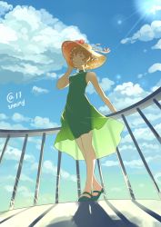 Rule 34 | 1girl, autumn-sacura, blue sky, breasts, brown eyes, brown hair, cloud, day, dress, from below, green dress, guard rail, hat, highres, hyakujuu-ou golion, katie holt, mary janes, outdoors, pidge gunderson, railing, see-through silhouette, shadow, shoes, sky, sleeveless, small breasts, solo, standing, sun, sun hat, sundress, voltron: legendary defender, voltron (series)