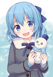 Rule 34 | 1girl, :d, alternate costume, bad id, bad pixiv id, blue eyes, blue hair, bow, cirno, coat, hair bow, head tilt, ice, ice wings, long sleeves, looking at viewer, maki (natoriumu), open mouth, round teeth, scarf, silver hair, smile, snowman, solo, teeth, touhou, wings