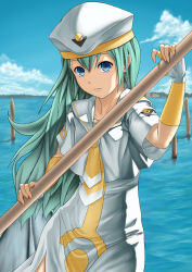 Rule 34 | 00s, 1girl, alice carroll, aria (manga), beret, blue eyes, cloud, day, fingerless gloves, gloves, green hair, hat, long hair, looking at viewer, miseno, paddle, sky, solo, standing, uniform
