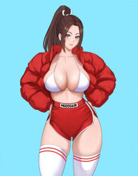 Rule 34 | 1girl, alternate costume, artist name, bikini, bikini top only, blue background, breasts, brown eyes, brown hair, closed mouth, collarbone, commentary, dolphin shorts, english commentary, fatal fury, hands on own hips, jacket, large breasts, long hair, looking at viewer, meziosaur, ninja, open clothes, open jacket, ponytail, puffy sleeves, red jacket, revealing clothes, shiranui mai, shorts, smile, solo, swimsuit, the king of fighters, thighhighs, white bikini, white thighhighs