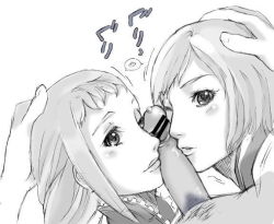Rule 34 | 2girls, ;o, censored, cooperative fellatio, facejob, fellatio, food, forced, from above, fuyusuke, hand on head, lips, long hair, looking up, monochrome, multiple girls, one eye closed, oral, penis, penis on face, pixiv2713180, pov, precum, rubbing, sandwich, simple background, wince, wink