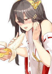 Rule 34 | 10s, 1girl, banana, black hair, blush, brown eyes, brown hair, detached sleeves, food, fruit, hair ornament, tucking hair, hairclip, haruna (kancolle), jewelry, kantai collection, long hair, nontraditional miko, open mouth, poco (backboa), red eyes, ring, saliva, sexually suggestive, simple background, tongue, tongue out, wedding band, wedding ring