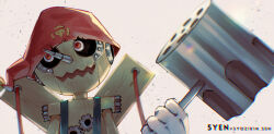 Rule 34 | 1boy, 5-en, artist name, blue overalls, chromatic aberration, commentary request, digimon, digimon (creature), gears, gloves, hammer, hat, holding, male focus, nightcap, no humans, open mouth, overalls, pinochimon, puppet, puppet strings, red eyes, red hat, sharp teeth, skull print, smile, solo, teeth, twitter username, upper body, white gloves