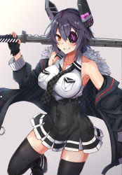 Rule 34 | 1girl, black gloves, black jacket, black skirt, black thighhighs, breasts, checkered clothes, checkered neckwear, cowboy shot, eyepatch, fur-trimmed jacket, fur trim, gloves, gradient background, grey background, grin, hasumushi, headgear, highres, jacket, kantai collection, large breasts, looking at viewer, partially fingerless gloves, pleated skirt, purple hair, shirt, short hair, skirt, sleeveless, sleeveless shirt, smile, solo, sword, tenryuu (kancolle), tenryuu kai ni (kancolle), thighhighs, weapon, white shirt, yellow eyes