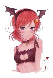 Rule 34 | 1girl, bad id, bad pixiv id, black hairband, breasts, cat cutout, cat lingerie, choker, cleavage, cleavage cutout, clothing cutout, collarbone, demon tail, hair between eyes, hair ornament, hairband, highres, hyugo, love live!, love live! school idol project, meme attire, nishikino maki, parted lips, purple eyes, red hair, short hair, signature, simple background, small breasts, solo, star (symbol), star hair ornament, tail, tears, upper body, white background