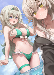 2girls absurdres bikini black_hairband black_jacket blue_pupils blue_sky blush breasts day firefly_(honkai:_star_rail) green_bikini grey_hair hair_intakes hairband highres honkai:_star_rail honkai_(series) jacket large_breasts long_hair looking_at_viewer multiple_girls open_mouth purple_eyes sky smile stelle_(honkai:_star_rail) swimsuit thigh_gap thigh_strap trailblazer_(honkai:_star_rail) two-tone_eyes wading wet white_bikini yatemoya79929 yellow_eyes