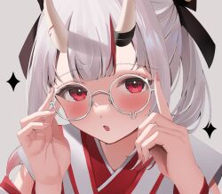 Rule 34 | 1girl, absurdres, adjusting eyewear, bell, bespectacled, black ribbon, blunt bangs, blush, commentary request, diamond (shape), glasses, grey background, hair bell, hair ornament, hair ribbon, hands on eyewear, highres, hololive, horns, japanese clothes, kaede nekoshima, kimono, long hair, looking at viewer, multicolored hair, nakiri ayame, nakiri ayame (shrine maiden), nontraditional miko, official alternate costume, oni, parted lips, portrait, red eyes, red hair, red kimono, ribbon, round eyewear, sidelocks, simple background, skin-covered horns, solo, sparkle, streaked hair, teardrop-framed glasses, two-tone kimono, virtual youtuber, white-framed eyewear, white hair, white kimono