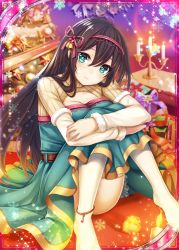 Rule 34 | 1girl, arm warmers, bell, blue eyes, box, brown hair, candle, candlestand, christmas, christmas tree, collaboration, dress, gift, gift box, green dress, hair ornament, long hair, looking at viewer, no shoes, official art, ray-akila, shinkai no valkyrie, shinki kakusei melty maiden, sitting, smile, snowflakes, table, thighhighs