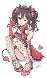 Rule 34 | 1girl, artist name, artist request, bare shoulders, big head, black hair, blush, bow, curled horns, demon girl, demon horns, demon tail, demon wings, elbow gloves, female focus, fishnet thighhighs, fishnets, floral print, flower, full body, gloves, grey wings, hair between eyes, hair bow, hair flower, hair ornament, hand up, heart, highres, horns, looking at viewer, love live!, love live! school idol festival, love live! school idol project, midriff, navel, pink flower, pink gloves, pink rose, pleated skirt, polearm, polka dot, polka dot bow, print skirt, purple flower, purple rose, red bow, red eyes, red flower, red rose, red skirt, rose, rose print, sidelocks, skirt, smile, solo, striped clothes, striped gloves, tail, thighhighs, tiara, twintails, vertical-striped clothes, vertical-striped gloves, w, weapon, white background, wings, yazawa nico