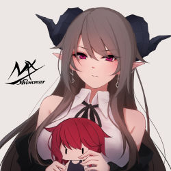 Rule 34 | 1girl, artist logo, artist name, bare shoulders, black horns, black jacket, black ribbon, breasts, brown hair, character doll, collared shirt, demon horns, earrings, grey background, grey shirt, highres, holding, horns, jacket, jewelry, large breasts, long hair, long sleeves, looking at viewer, neck ribbon, original, pointy ears, ribbon, shimmer, shirt, simple background, tearing up, upper body