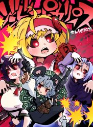 Rule 34 | 4girls, alice margatroid, amputee, animal ears, black sclera, blonde hair, blood, blue hair, blush, breasts, colored sclera, commentary request, cookie (touhou), dress, feet out of frame, flour (cookie), food-themed hair ornament, gram 9, grey dress, grey hair, gun, hair ornament, hairband, handgun, holding, holding gun, holding weapon, holster, hood, hood up, huge breasts, ichigo (cookie), kumoi ichirin, layered clothes, long sleeves, looking at viewer, milk (cookie), mouse ears, mouse girl, mouse tail, multiple girls, murasa minamitsu, nazrin, niconico id, nyon (cookie), open mouth, outstretched arms, parted bangs, purple dress, purple hair, purple hood, red eyes, red hairband, revolver, shirt, short hair, shorts, shotgun, smile, socks, strawberry hair ornament, tail, touhou, translation request, weapon, white shirt, white shorts, white socks, zombie pose, zombification