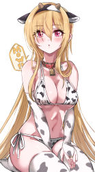 Rule 34 | 1girl, :o, absurdres, animal ears, animal print, bare shoulders, bell, bikini, blonde hair, blush, bridal gauntlets, chinese zodiac, collar, commentary request, cow ears, cow horns, cow print, fake animal ears, fake horns, hair between eyes, hairband, highres, horns, idolmaster, idolmaster cinderella girls, kurosaki chitose, long hair, looking at viewer, navel, neck bell, no shoes, parted lips, pizzasi, print bikini, print thighhighs, red collar, red eyes, seiza, side-tie bikini bottom, simple background, sitting, soles, solo, speech bubble, swimsuit, thighhighs, very long hair, white background, white bikini, white thighhighs, year of the ox