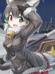 Rule 34 | 1girl, animal ears, antlers, bell, black gloves, blush, clasp, coat, collar, commentary request, cowboy shot, deer ears, deer tail, extra ears, fur collar, fur trim, gloves, green eyes, grey hair, hair between eyes, hair tie, heterochromia, horns, kemono friends, long sleeves, neck bell, nyifu, pleated skirt, red eyes, red skirt, reindeer (kemono friends), reindeer antlers, reindeer girl, short hair, short twintails, skirt, sleigh, solo, tail, twintails, weapon, white fur, winter clothes