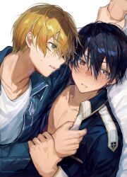 Rule 34 | 2boys, black hair, black jacket, blonde hair, blush, collarbone, eugeo, holding another&#039;s wrist, jacket, kirito, long sleeves, looking at another, lower teeth only, male focus, multiple boys, ogura ari, open clothes, open jacket, open mouth, profile, shirt, short hair, sideways glance, sword art online, sword art online: alicization, teeth, tongue, upper body, white shirt, yaoi