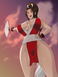 Rule 34 | 1girl, arms under breasts, bare legs, bare shoulders, breast press, breasts, breasts apart, brown eyes, brown hair, cleavage, curvy, fatal fury, hand fan, hand on own hip, high ponytail, highres, holding, holding fan, kyuugata, large breasts, lips, long hair, looking at viewer, looking to the side, nude, open mouth, pelvic curtain, ponytail, revealing clothes, ribbon, sash, shiny skin, shiranui mai, sky, snk, solo, squatting, the king of fighters, thighs, very long hair, wide hips