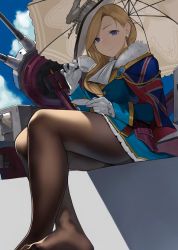 Rule 34 | 1girl, absurdres, aiguillette, ascot, azur lane, black pantyhose, blonde hair, blue eyes, blue sky, blush, breasts, capelet, closed mouth, cloud, commentary request, crossed ankles, cup, day, dress, earrings, feet, gloves, hair ornament, hair over shoulder, hat, highres, holding, holding cup, holding saucer, hood (azur lane), jewelry, large breasts, legs, long hair, looking at viewer, machinery, no shoes, open mouth, pantyhose, rigging, saucer, shoes, unworn shoes, sitting, sky, smile, solo, stud earrings, union jack, white gloves, yomu (sgt epper)