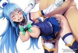Rule 34 | 1boy, 1girl, aqua (konosuba), arm grab, artist name, ass, blue dress, blue eyes, blue hair, blush, boots, breasts, clothed female nude male, commentary, dannex009, detached sleeves, dress, fat, fat man, hair between eyes, hair ornament, hair rings, hetero, highres, kono subarashii sekai ni shukufuku wo!, large breasts, long hair, nipples, nude, open mouth, saliva, sex, sex from behind, smile, solo focus, thigh boots, thighhighs, thighhighs under boots, vaginal, watermark, web address, white background, white thighhighs