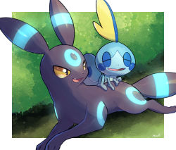 Rule 34 | border, closed eyes, commentary request, creatures (company), fang, game freak, gen 2 pokemon, gen 8 pokemon, grass, highres, looking back, lying, nintendo, no humans, nullma, on stomach, open mouth, outside border, pokemon, pokemon (creature), shiny skin, signature, smile, sobble, tongue, umbreon, white border