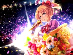 Rule 34 | 1girl, abe nana, animal ears, blush, bouquet, bow, brown eyes, brown hair, rabbit ears, commentary request, confetti, flower, gloves, hair bow, happy birthday, highres, holding, holding microphone, idol, idolmaster, idolmaster cinderella girls, microphone, pink gloves, ponytail, red bow, shashaki, solo, tears