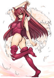 Rule 34 | 1girl, akura (arc the lad), arc the lad, arc the lad ii, ass, breasts, covered erect nipples, feathers, feet, horns, large breasts, leg lift, leotard, long hair, mizuryu kei, panties, red eyes, red hair, red leotard, solo, thighhighs, thong, thong leotard, underwear, wings