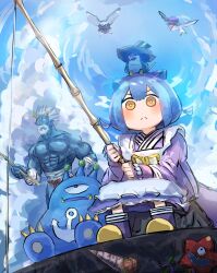 1boy 1girl absurdres animal animal_on_head beard bird bird_on_head blue_hair blue_sky cannonball_spear_shellfish cloud cloudy_sky day dragon_girl dragon_tail duel_monster facial_hair fishing fishing_rod floowandereeze_&amp;_snowl grappler_angler hatano_kiyoshi highres horns laundry_dragonmaid maid on_head outdoors short_hair sky star_boy tail turu-purun umamusume wa_maid white_hair yellow_eyes yu-gi-oh!