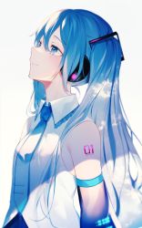 Rule 34 | 1girl, achiki, blue hair, blue necktie, closed mouth, collar, collared shirt, detached sleeves, frilled collar, frills, from side, green hair, hair between eyes, hair ornament, hatsune miku, highres, long hair, looking up, necktie, shirt, shoulder tattoo, simple background, sleeveless, sleeveless shirt, solo, tattoo, teardrop, tie clip, twintails, upper body, very long hair, vocaloid