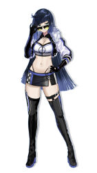 Rule 34 | 1girl, alternate costume, alternate hair length, alternate hairstyle, black footwear, black gloves, black skirt, blue eyes, blue hair, blunt bangs, boots, breasts, cleavage, commentary request, cropped jacket, drop shadow, fingerless gloves, full body, fur-trimmed jacket, fur trim, genshin impact, gloves, hand on own hip, high heel boots, high heels, highres, jacket, large breasts, long hair, looking at viewer, midriff, miniskirt, navel, open clothes, open jacket, pencil skirt, race queen, simple background, skirt, smile, solo, srpzk, standing, stomach, strapless, sunglasses, thigh boots, thighs, tube top, very long hair, white background, yelan (genshin impact)