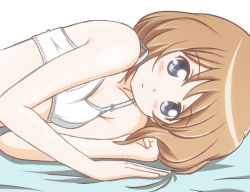 Rule 34 | 10s, 1girl, atair, bed sheet, blue eyes, blush, bra, breasts, brown hair, closed mouth, frown, indoors, looking at viewer, lying, neptune (series), on side, rom (neptunia), short hair, simple background, small breasts, solo, training bra, underwear, underwear only, upper body, white background, white bra