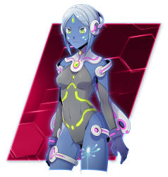 Rule 34 | 1girl, arms at sides, blue gloves, blue hair, blue skin, breasts, colored eyelashes, colored skin, covered navel, damurushi, expressionless, facial mark, forehead mark, gloves, gradient hair, green eyes, headgear, leg tattoo, leotard, medium breasts, multicolored hair, official art, parted bangs, psye (rigid force), red pupils, rigid force, short hair, skin tight, solo, tattoo, thighlet, white hair