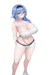 Rule 34 | 1girl, alternate costume, bare legs, bare shoulders, bespectacled, black-framed eyewear, black hairband, blue hair, breasts, camisole, cleavage, commentary, crop top, eula (genshin impact), feet out of frame, genshin impact, glasses, hairband, highres, huge breasts, micro shorts, midriff, navel, purple eyes, ras (zzdn3588), round eyewear, shorts, simple background, solo, spaghetti strap, standing, stomach, thighs, white background, white shorts