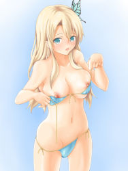 Rule 34 | 10s, 1girl, bare shoulders, bikini, blonde hair, blue background, blue bikini, blue eyes, blush, boku wa tomodachi ga sukunai, breasts, bug, butterfly, butterfly hair ornament, collarbone, dressing, female focus, hair ornament, highres, hip focus, insect, kashiwazaki sena, large breasts, long hair, looking at viewer, mei ichi, name, navel, nipples, open mouth, side-tie bikini bottom, simple background, solo, standing, swimsuit