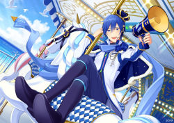 Rule 34 | 1boy, :d, blue eyes, blue flower, blue hair, blue rose, capelet, carousel, coat, crown, flower, fur-trimmed capelet, fur trim, headset, horn speaker, kaito (vocaloid), kaito (vocaloid3), crossed legs, male focus, nokuhashi, open mouth, rose, scarf, smile, solo, vocaloid
