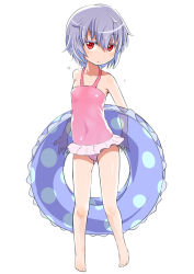 Rule 34 | 1girl, aq interactive, arcana heart, atlus, bare shoulders, barefoot, blush, casual one-piece swimsuit, child, colored eyelashes, embarrassed, examu, flat chest, frilled swimsuit, frills, full body, halterneck, holding, innertube, lieselotte achenbach, light purple hair, looking at viewer, one-piece swimsuit, polka dot, red eyes, see-through, short hair, simple background, solo, standing, swim ring, swimsuit, takashi moritaka