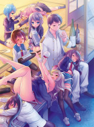 Rule 34 | 10s, 1boy, 6+girls, admiral (kancolle), ahoge, black hair, black legwear, black skirt, blouse, blue eyes, blue hair, blue jacket, blush, bottle, breasts, brown eyes, brown hair, collarbone, cup, drinking glass, drunk, epaulettes, closed eyes, flower, from above, green skirt, grey hair, hair flower, hair ornament, jacket, kantai collection, kisaragi (kancolle), long hair, long sleeves, lying, lying on lap, midriff, minami (apricot tea), minazuki (kancolle), multiple girls, mutsuki (kancolle), nachi (kancolle), necktie, on back, on stomach, open clothes, open jacket, open mouth, outdoors, pantyhose, pink hair, pleated skirt, pola (kancolle), ponytail, purple hair, purple shirt, red hair, remodel (kantai collection), shirt, short hair, skirt, sleeping, sleeping on person, smile, uzuki (kancolle), white shirt, white jacket, white shirt, wine bottle, wine glass, wooden floor, yayoi (kancolle)