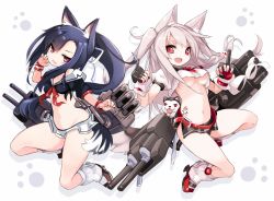 Rule 34 | 2girls, animal, animal ears, asymmetrical bangs, azur lane, bare legs, belt, belt buckle, black hair, black serafuku, black skirt, blue nails, braid, breasts, brown footwear, buckle, collar, commentary request, crop top, dog, fang, fangs, fingerless gloves, fingernails, floating hair, full body, gloves, grey hair, groin, hair between eyes, hair ornament, hair ribbon, hand up, hands up, head tilt, heart, highres, karukan (monjya), leg warmers, long hair, looking at viewer, medium breasts, microskirt, multiple girls, nail polish, navel, neck ribbon, open mouth, paw print, paw print background, pink nails, pleated skirt, ponytail, red belt, red eyes, red footwear, red gloves, red ribbon, ribbon, school uniform, serafuku, shadow, shigure (azur lane), shirt, shoes, short eyebrows, short sleeves, side braid, side slit, sidelocks, single bare shoulder, skirt, slit pupils, small breasts, stomach, stomach tattoo, tail, tattoo, tsurime, turret, two side up, underboob, very long hair, white background, white ribbon, white shirt, white skirt, wolf ears, wolf tail, wristband, yuudachi (azur lane)