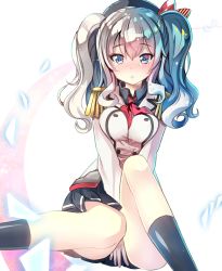 Rule 34 | 10s, 1girl, beret, between legs, black socks, blue eyes, blush, breasts, buttons, commentary request, epaulettes, hand between legs, hat, highres, kantai collection, kashima (kancolle), kerchief, kneehighs, long hair, looking at viewer, military, military uniform, miniskirt, open mouth, pleated skirt, red ribbon, ribbon, sho (runatic moon), sidelocks, silver hair, skirt, socks, solo, tears, tsurime, twintails, uniform, v arms, wavy hair