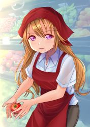 Rule 34 | 1girl, apron, artist name, artist request, black pants, blush, breasts, brown hair, buttons, close-up, collared shirt, female focus, food, hair between eyes, hair ornament, hairclip, highres, holding, holding food, konoe kanata, long hair, looking at viewer, love live!, love live! nijigasaki high school idol club, medium breasts, pants, parted lips, purple eyes, red apron, shirt, short sleeves, smile, solo, storefront, vegetable, white shirt, wing collar