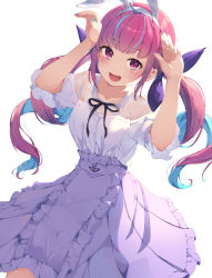 Rule 34 | 1girl, :d, absurdres, anchor symbol, animal ears, rabbit ears, colored inner hair, dress, highres, hololive, keis (locrian1357), minato aqua, multicolored hair, nail polish, open mouth, pink eyes, pink hair, simple background, smile, solo, twintails, two-tone hair, virtual youtuber