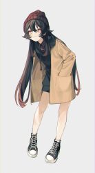 Rule 34 | 1girl, :3, absurdres, beanie, black footwear, black hoodie, brown coat, brown hair, closed mouth, coat, contemporary, drawstring, full body, genshin impact, hair flaps, hands in pockets, hat, highres, hood, hood down, hoodie, hu tao (genshin impact), long hair, looking at viewer, low twintails, oversized clothes, red eyes, red hat, red shirt, shirt, shoes, sidelocks, simple background, smile, sneakers, solo, tamaya yoi, twintails, very long hair, white background