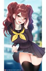 Rule 34 | 1girl, brown hair, cleft of venus, glasses, kujikawa rise, lifting own clothes, persona, persona 4, smile, tofuubear