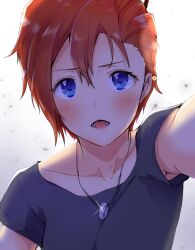 Rule 34 | 1girl, black shirt, black sleeves, blue eyes, blush, collarbone, eyelashes, furrowed brow, gleam, gradient background, hair ornament, hairpin, highres, idolmaster, idolmaster million live!, jewelry, julia (idolmaster), looking at viewer, lower teeth only, necklace, open mouth, outstretched arm, pov, red hair, ring, ring necklace, shirt, short hair, short sleeves, simple background, solo, straight-on, t-shirt, teeth, upper body, white background, witoi (roa)